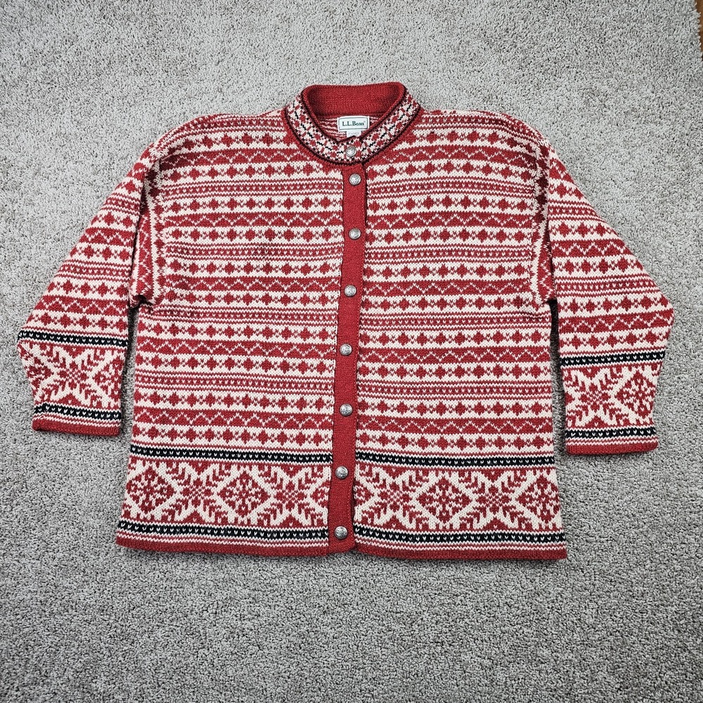 LL Bean Wool Cardigan Sweater Womens XL Nordic Fair Isle Snowflake Red Button